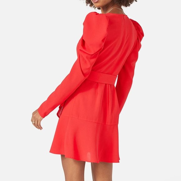 JustFab Red Puff Sleeve Surplice Dress - Picture 2 of 3
